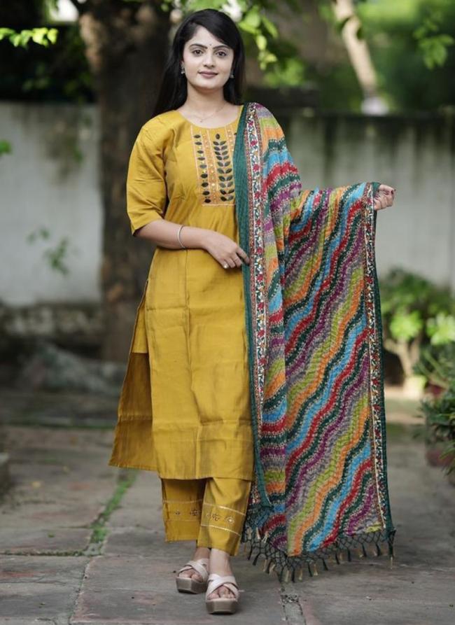 Roman Silk Yellow Daily Wear Hand Work Readymade Straight Suit